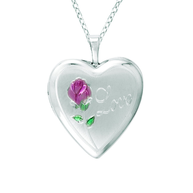 Sterling silver Heart Shaped ""Love"" Locket w/ flower Necklace