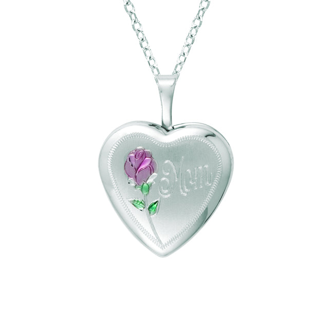 Sterling silver Heart Shaped "Mom" Locket w/ Rose Necklace