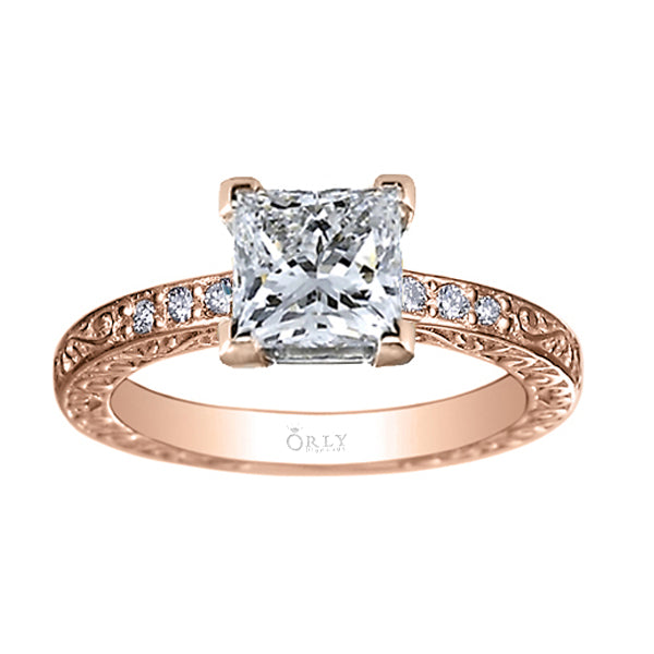 Hand Carved & Beaded Princess Cut Diamond Ring in Rose Gold
