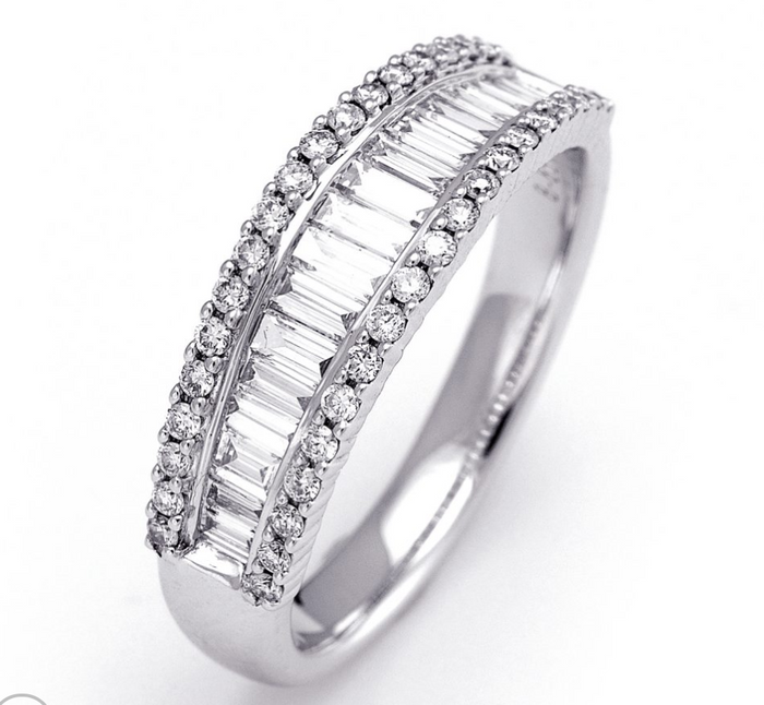 14K White Gold Baguette and Round Diamonds Band